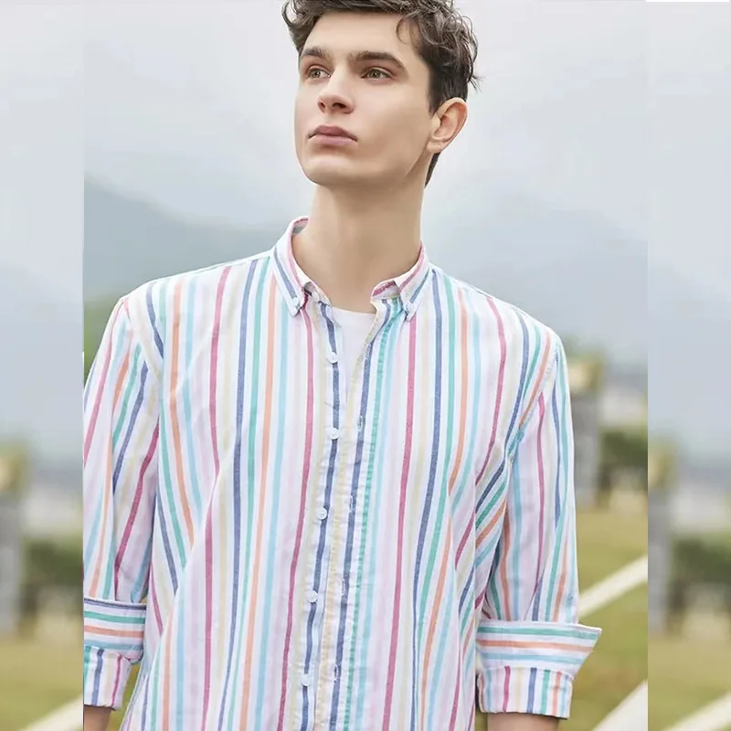 

Рубашка мужская с отложным воротником, хлопково-Льняная сорочка в полоску, повседневная винтажная блуза из ткани «Оксфорд», с отложным воротником, весна-лето
