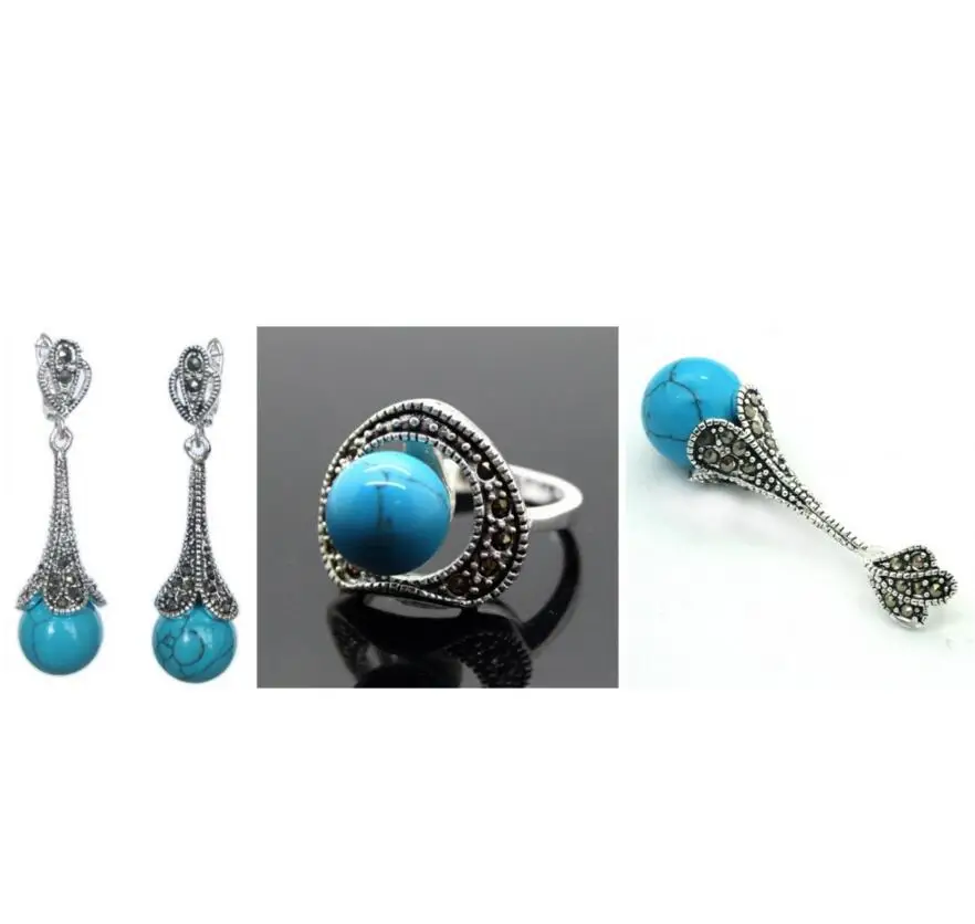 

Vintage Blue Turquoise 925 Sterling Silver Marcasite Ring (#7-10) pendant and earrings sets