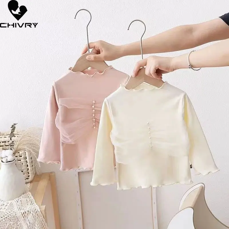 

Girls Fashion T-shirt New 2023 Baby Girl Spring Autumn Long Sleeve O-neck Pearl Gauze T Shirts Tops Kids Casual Clothing