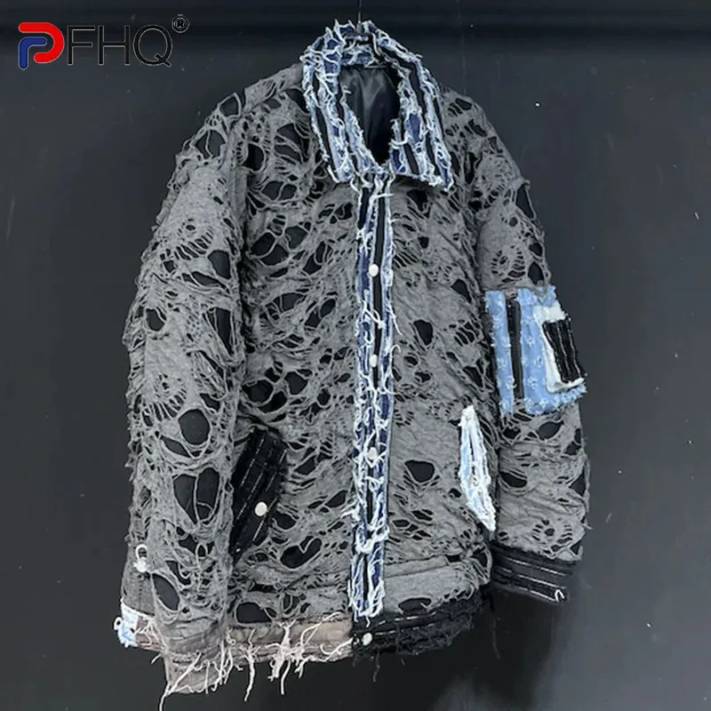 

PFHQ Men's Denim Short Patchwork Thick Cotton Jackets Autumn Winter Hole Design Turn-down Collar Single Breasted Coat 21Z3599