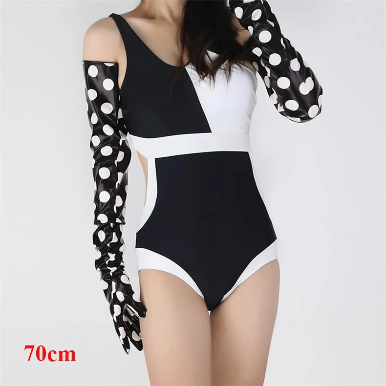 38cm Lack leder handschuhe weiblich große Ärmel lose geschwollene Manschetten schwarz weiße Punkte Kunstleder pu Frauen handschuhe cosplay hpu107 – Detail 8