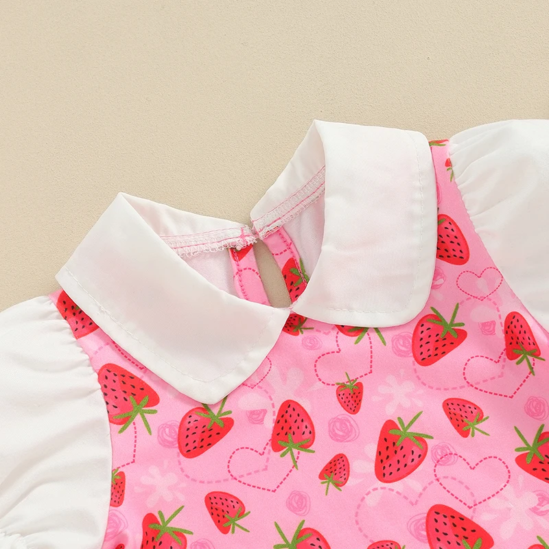 

Newborn Baby Girls Strawberry Jumpsuit Infant Baby Cherry Print Playsuit Babydoll Collar Puff Short Sleeve Romper