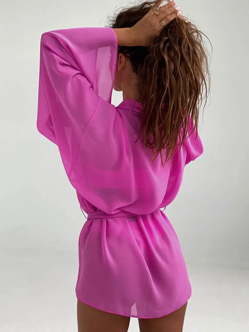 Marthaqiqi Autumn New Autumn Women'S Robe Sexy V-Neck Sleepwear Long Sleeve Nightwear Lace Up Nightgowns Casual Ladies Bathrobe