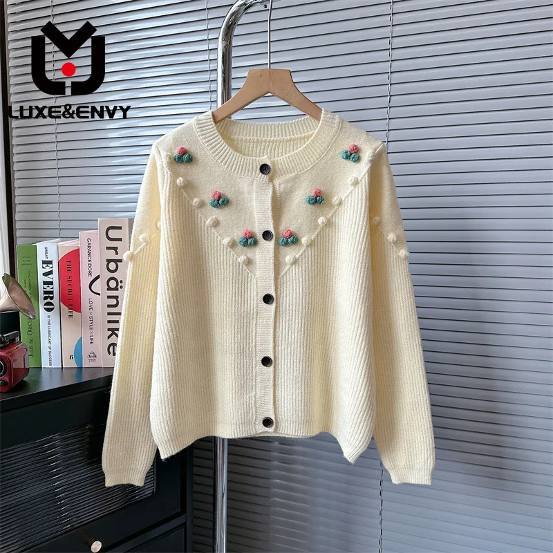 

LUXE&ENVY Korean Lazy Sweater Cardigan Women's Winter New Design Sense Small Crowd Wool Ball Knit Top2023 Autumn