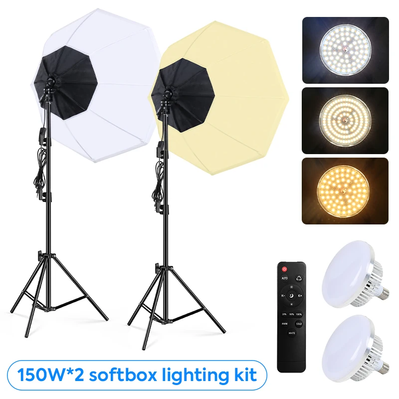 

Octagonal softbox photography Lighting Kit 150W E27 3000-6500K Studio Light with LED Light Bulb for Live Streaming Filling Light