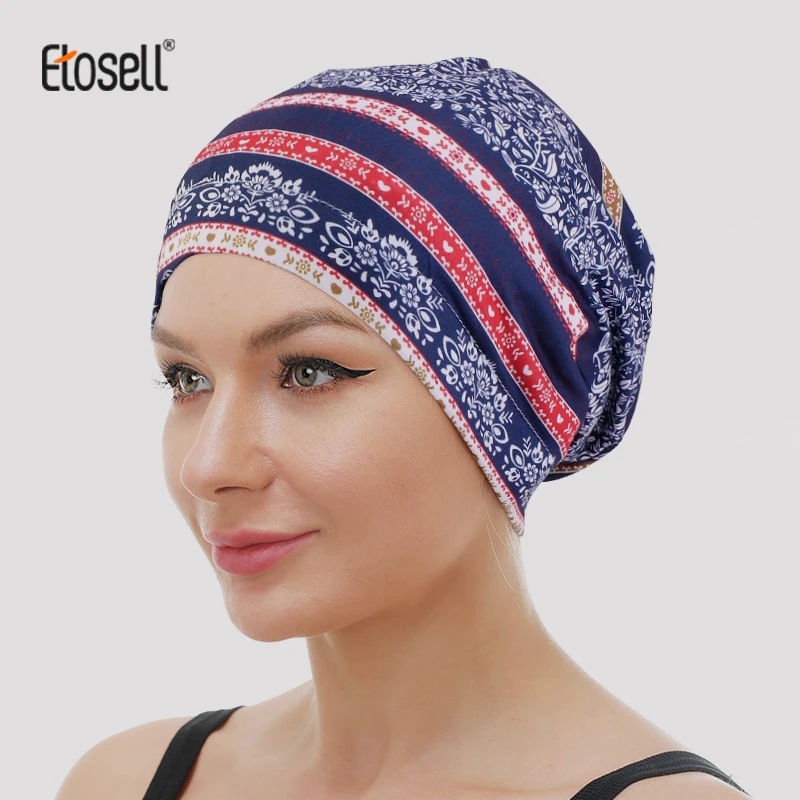 

ETOSELL Woman Muslim Turban Bonnet Flower Printed Beanies Ethnic Print Inner Caps Arab Headwrap Turban Femme Islamic Headscarf