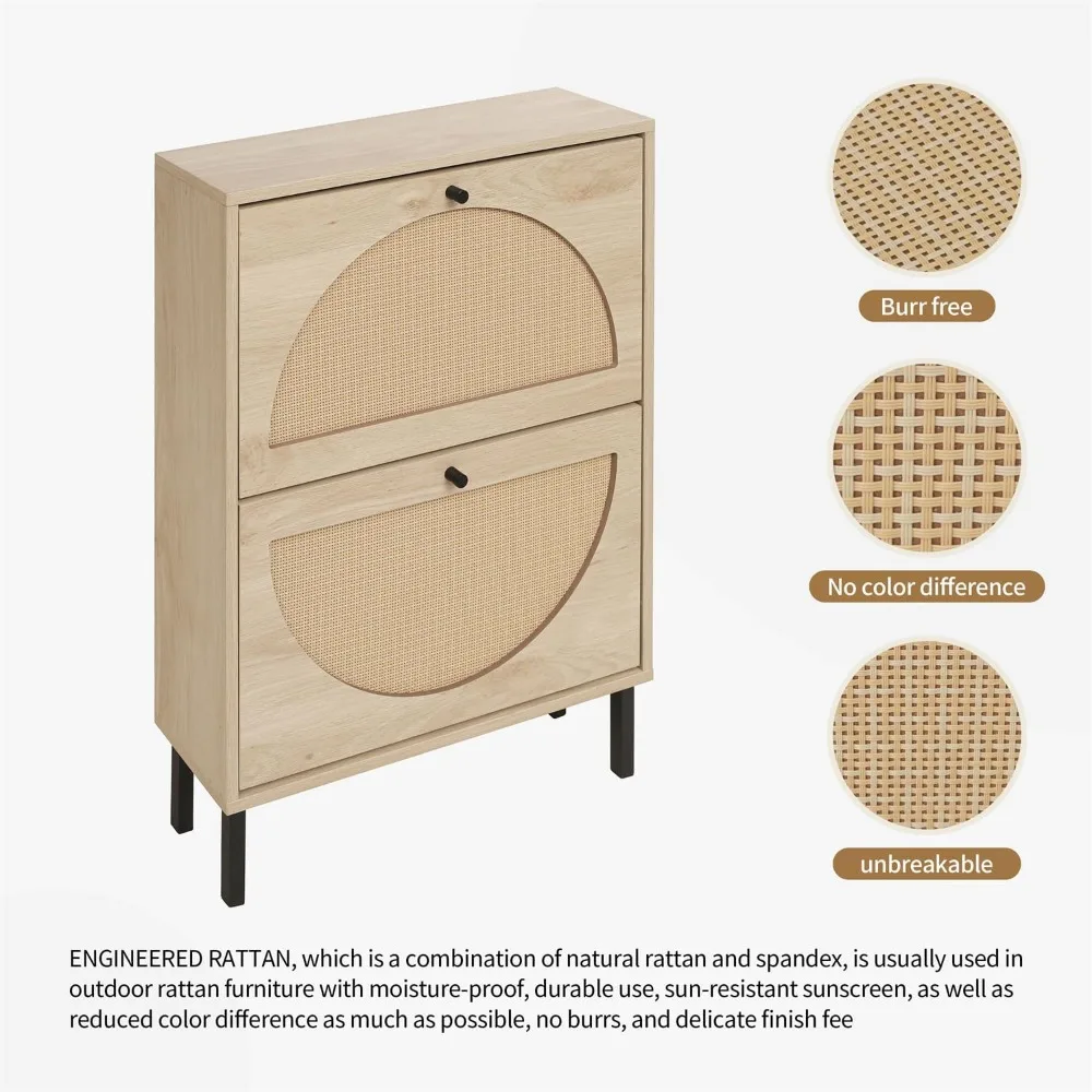 Rattan Shoe Cabinet with Flip Drawers, Narrow Hidden Entrance Hallway Free Standing Shoe Rack for Heels, Slippers 5