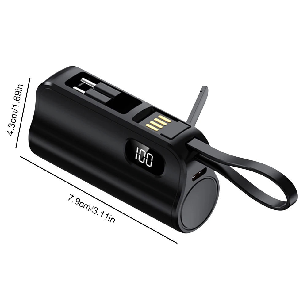 10000mAh Mini Power Bank Digital Display Compact Portable Charger Built-in USB-C & 8 Pin Connector Capsule PowerBank for IPhone 6
