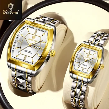 BINBOND 2pcs/Set Square Couple for Watch Fashion Stainless Men Ladies Quartz Watch Lover Waterproof Date Week Luminous Watch