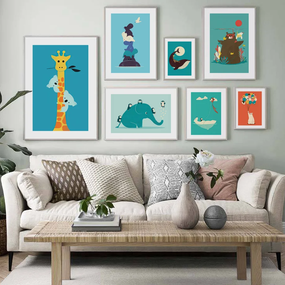 

Whale Bear Hippo Giraffe Elephant Wall Art Print Canvas Painting Cartoon Animal Nordic Poster Wall Pictures Baby Kids Room Decor