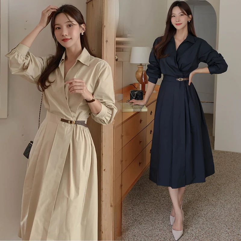 카키 긴 소매 셔츠 원피스 2023 새로운 여성 이른 가을 디자인 주름 된 V-neck 허리 포옹 긴 원피스