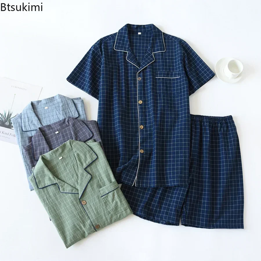 Men's Summer Pajamas Pajama Sets Thin Short-sleeved Shorts Soft Cotton Simple Japanese Plaid Home Service Suit Pantalon Pijama Hombre