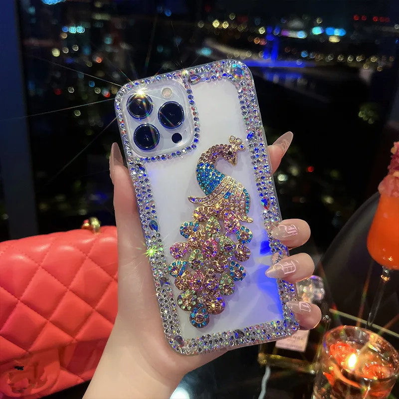 Luxury Bling Rhinestone Peacock Phone Case for iPhone, Diamond Soft Back Cover, 14, 13, 12, 15 Pro Max, X, XR, XS, 7, 8 Plus