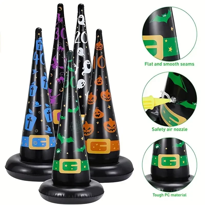 5Pcs Halloween Inflatable Witch Hat Ring Toss Game with 20pcs Colored Rings Air Pump Halloween Party  Supplies Kids Adult Toys