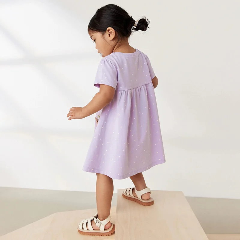 Summer Purple Kids Baby Girls Clothes Short Sleeves Dresses Cartoon Bear Children's Clothing Vestidos Cotton