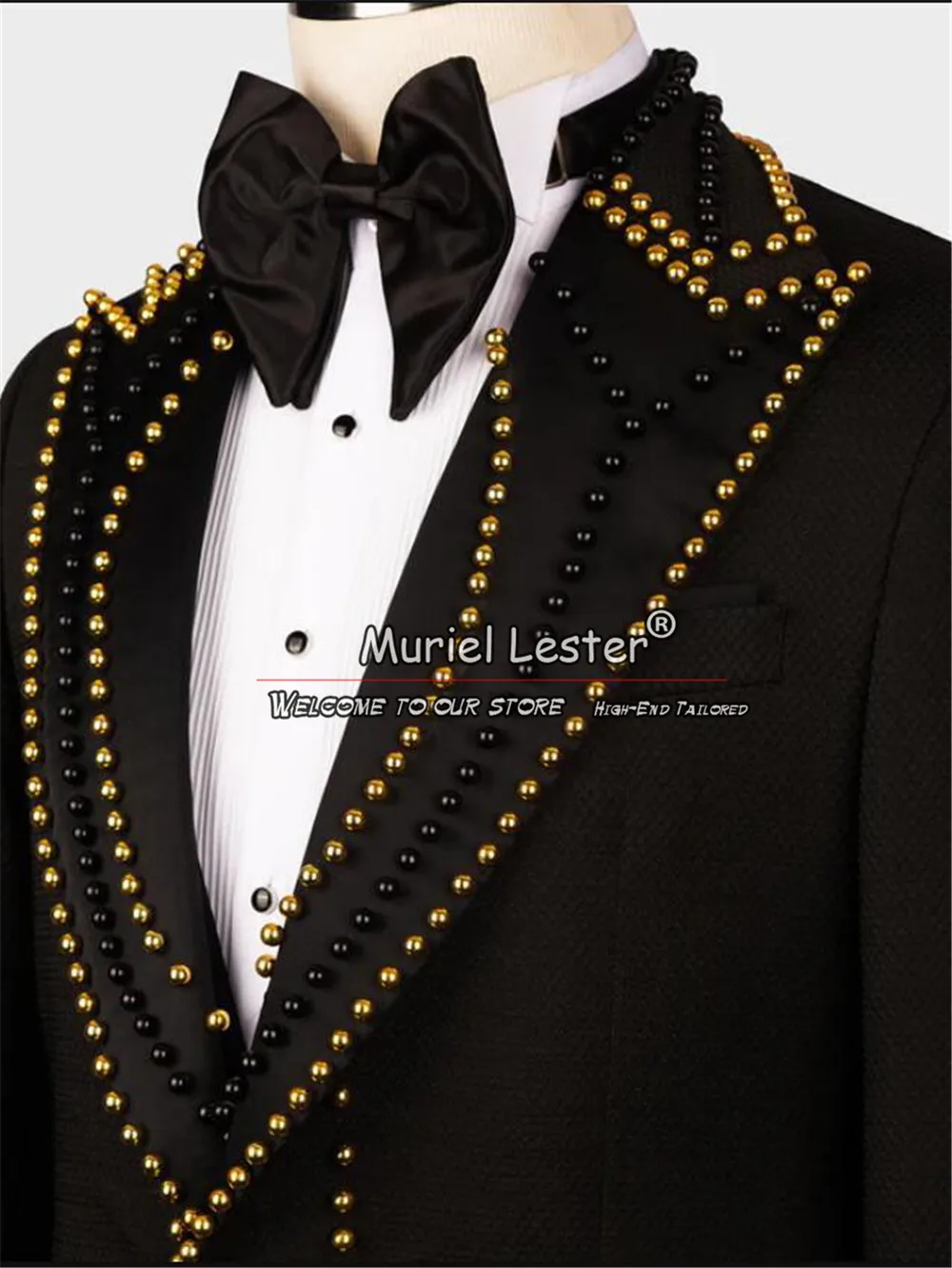 Groom Formal Suit Jackets Handmade Golde Black Pearls Blazer Sets Single Breasted Wedding Tuxedos Dress