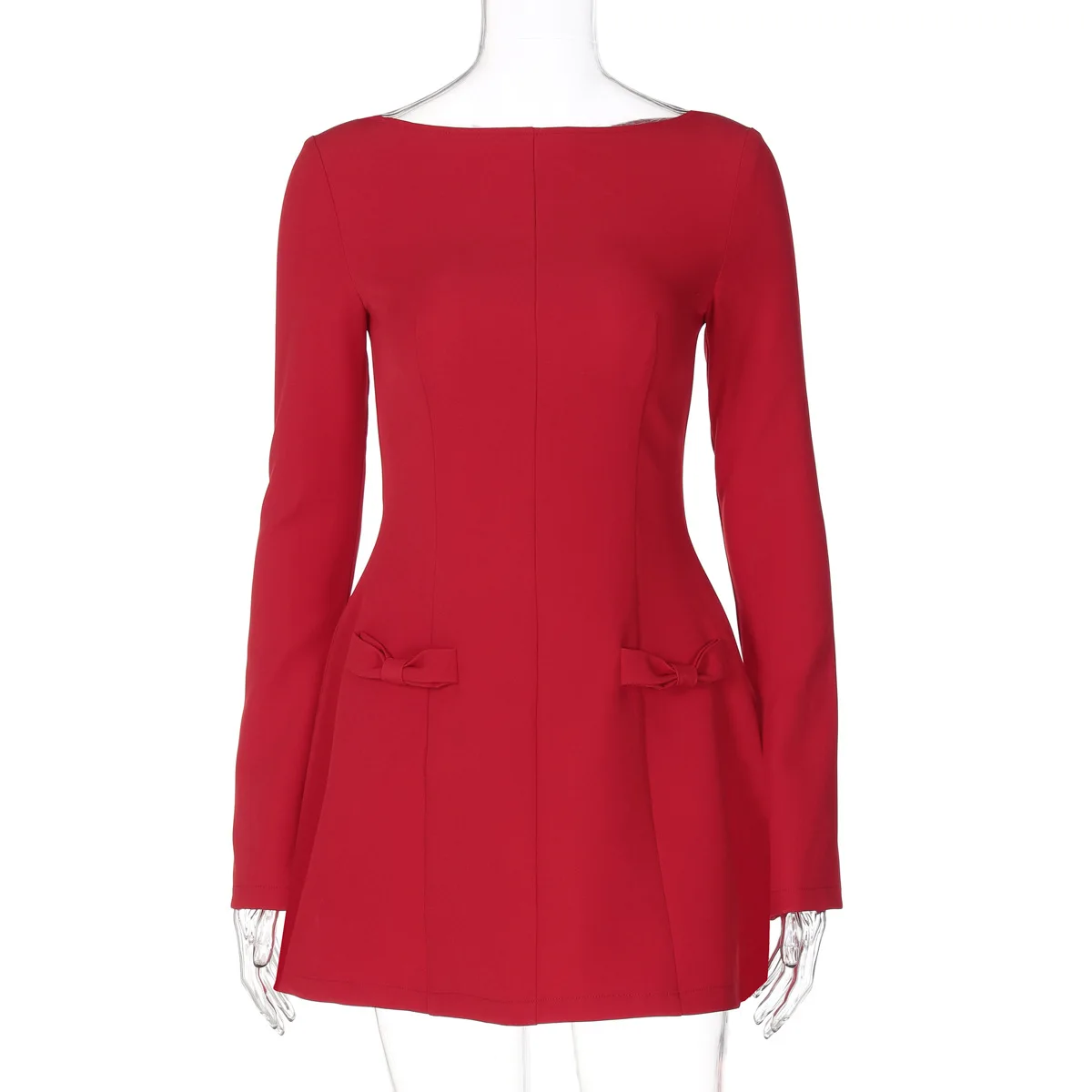 JULISSA MO Round Neck A-line Bow Women Dress Red Long Sleeve High Waist Dress Female Autumn Winter Slim Elegant Streetwear 2025