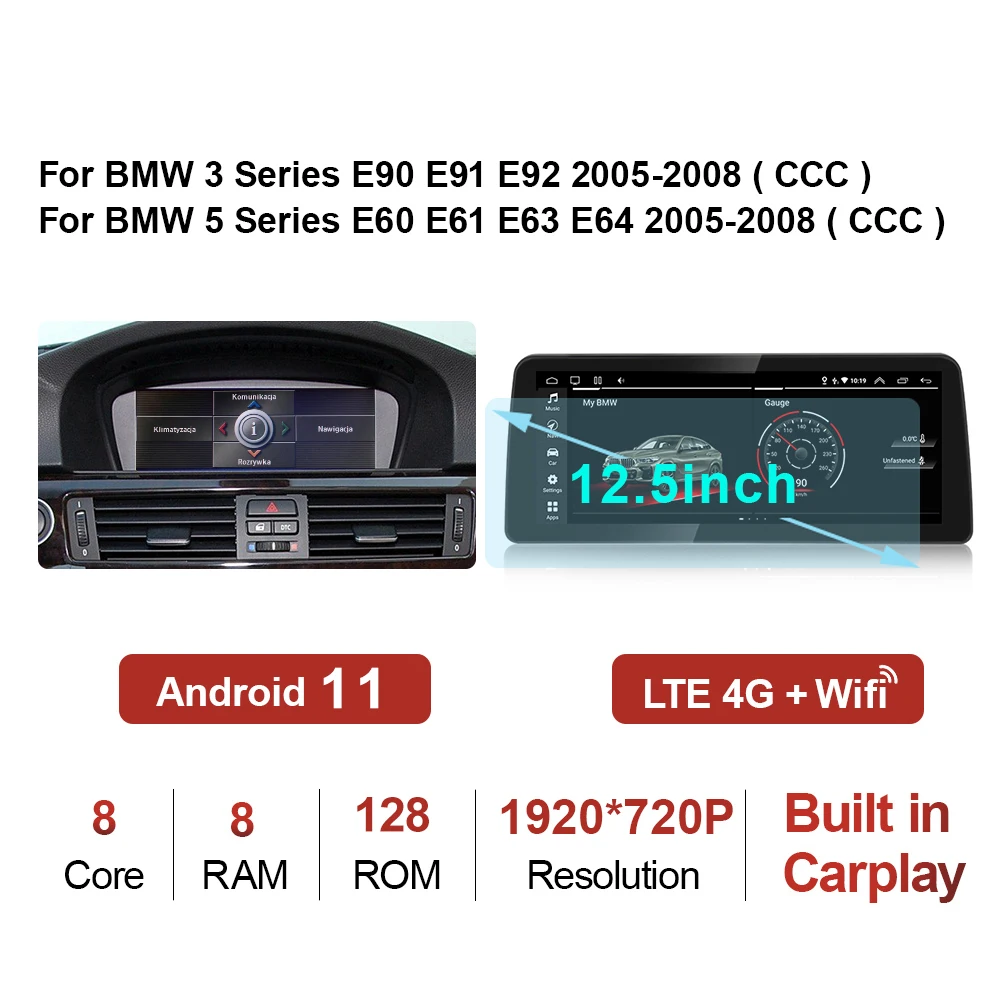 car dvd video player 8.8" /12.5" 8Core 8G+128G Android 11 Car Multimedia Player GPS Radio for BMW 5 Series E60 E61 E62 E63 3 Series E90 E91 CCC/CIC best dvd player for car Car Multimedia Players