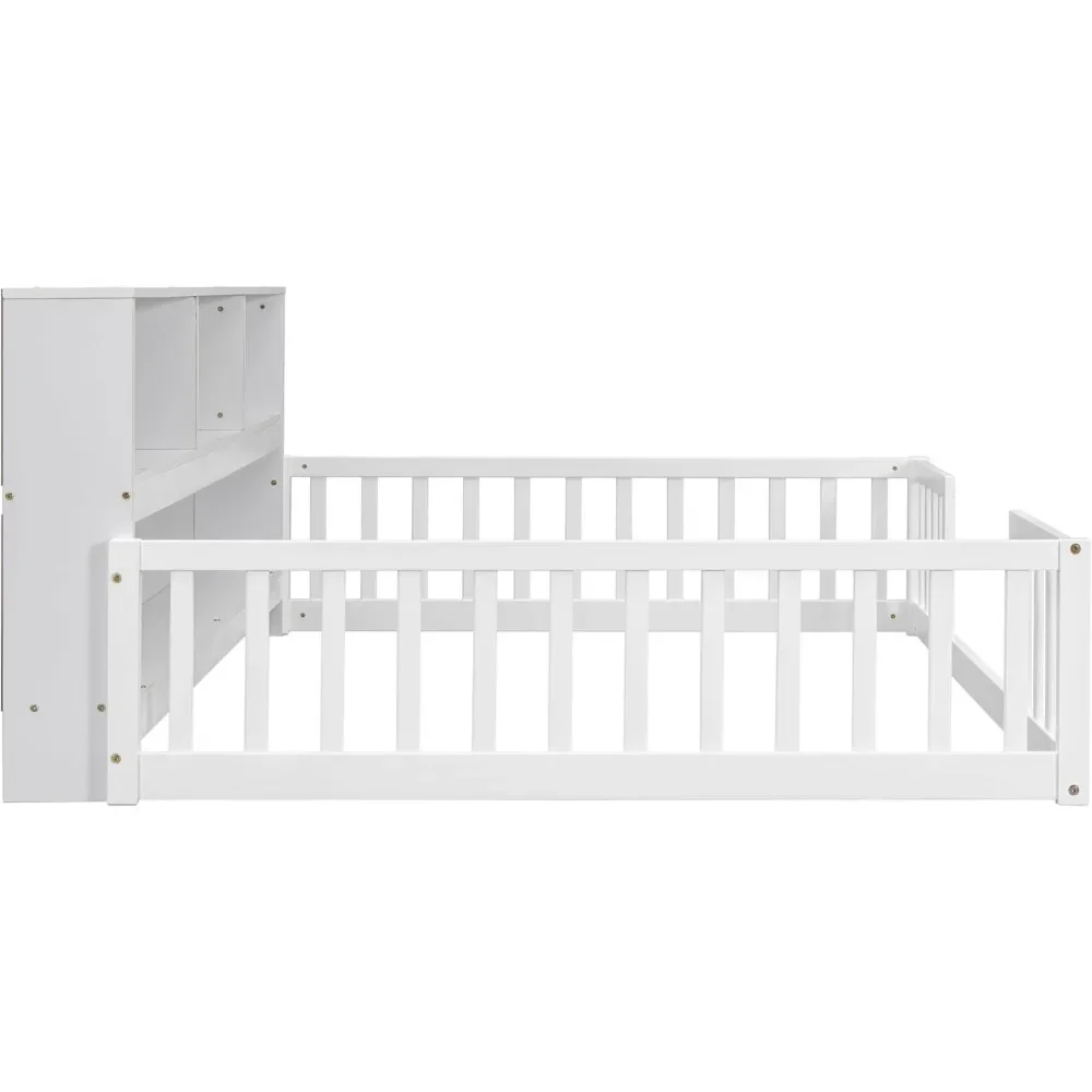 Full Montessori Floor Bed with Bedside Bookcase & Shelves, Full Size Floor Bed W/Safety Guardrails, No Box Spring Needed 5