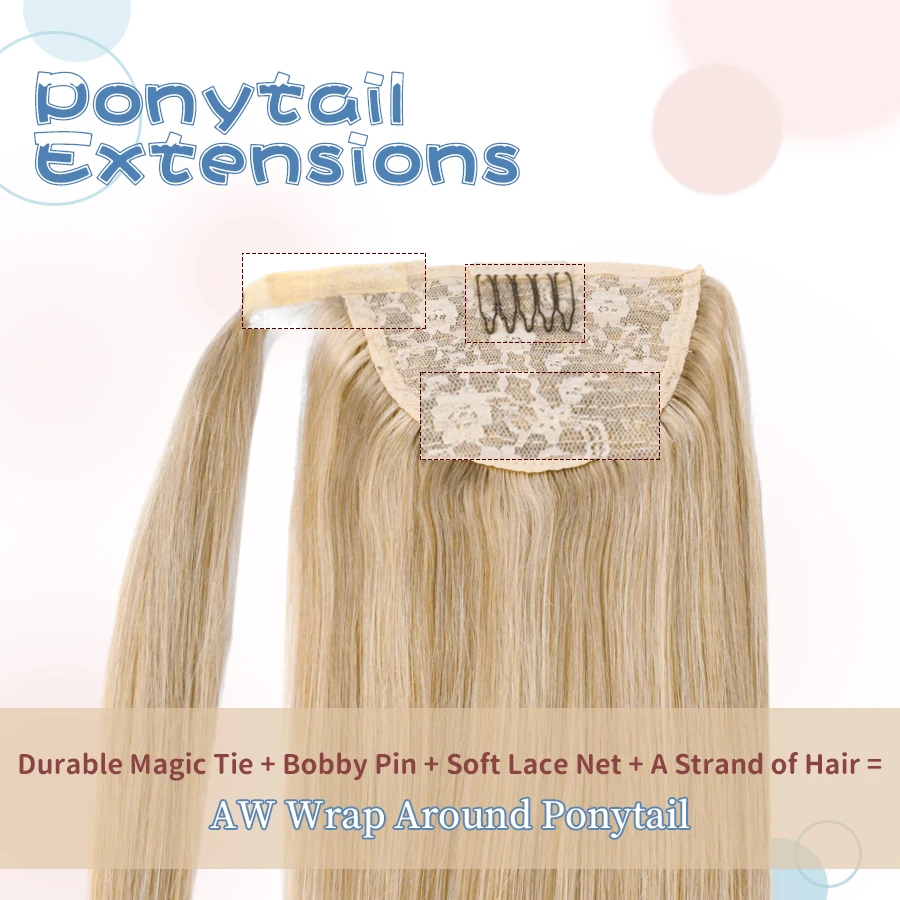 AW 12''-24'' Ponytail Human Hair Wrap Around Machine Remy Hair Extensions Brazilian Hair Extensions Clip Ins Blonde Brown Color