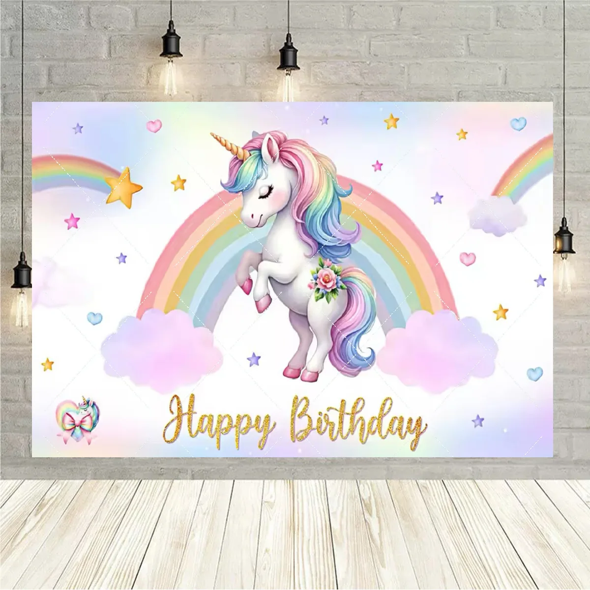 Niedlicher Einhorn-Themenhintergrund, Regenbogen-Elf, Prinzessin, Geburtstagsparty, Kuchen, Tischdekoration, Baby-Party-Geschenke, Fotos, Requisiten, Hintergrund – Detail 12