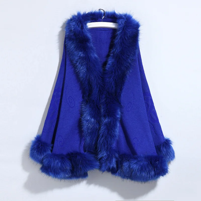 2023 Winter New Women Imitation Fox Fur Collar Fur Shawl Female Oversized Knit Coat Fashion Solid Color Cape Casual Warm Outwear