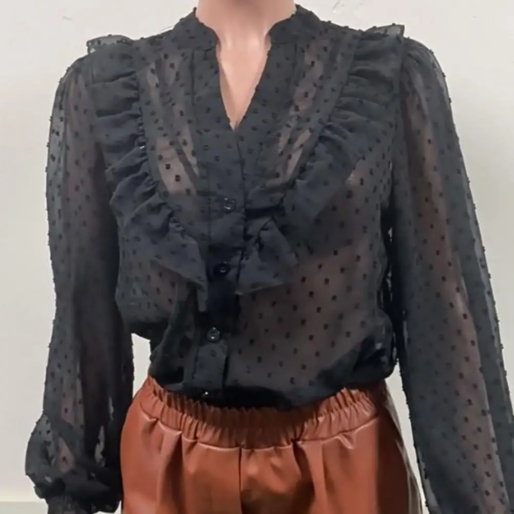 

Comfortable Shirt Women Shirt Stylish Lantern Sleeve Women's Shirt with Ruffle Trim Dot Print Casual V-neck for Streetwear