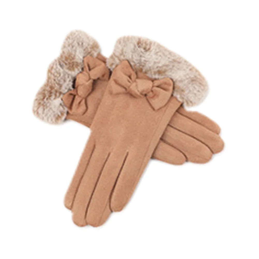 

Adult TouchScreen Soft Warm Protective Windproof Full Finger Faux Suede Fluffy Autumn Bow Tie Thicken Women Winter Gloves Cozy
