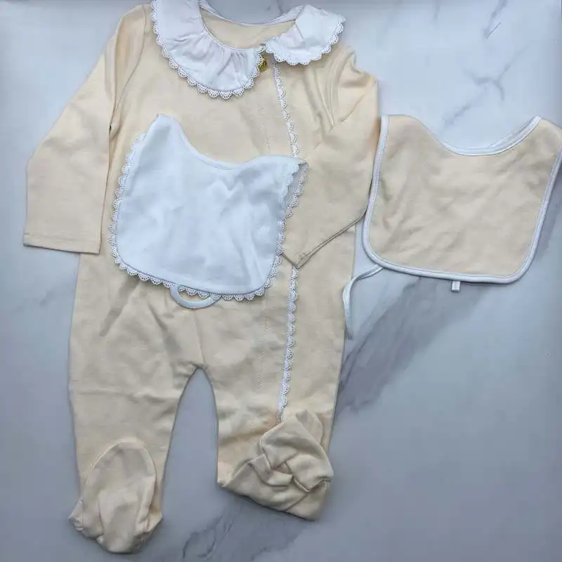 Baby Clothes New Infant Romper Set + Bib For Girl Solid Jumpsuits Newborn Footies