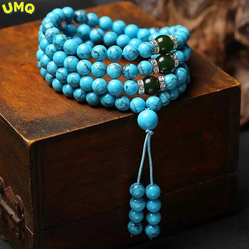 

Ethnic Style Bracelet New Turquoise 108 Hand String Buddha Beads Silver Couple Tibetan Gift Jewelry