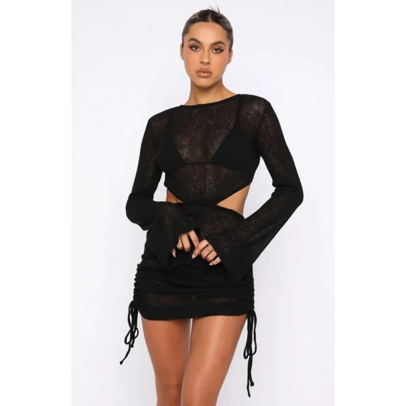 

2023 Summer Women's Bodycon Mini Dress Long Sleeve Knitted Backless Bandage Party Beach Cover Up
