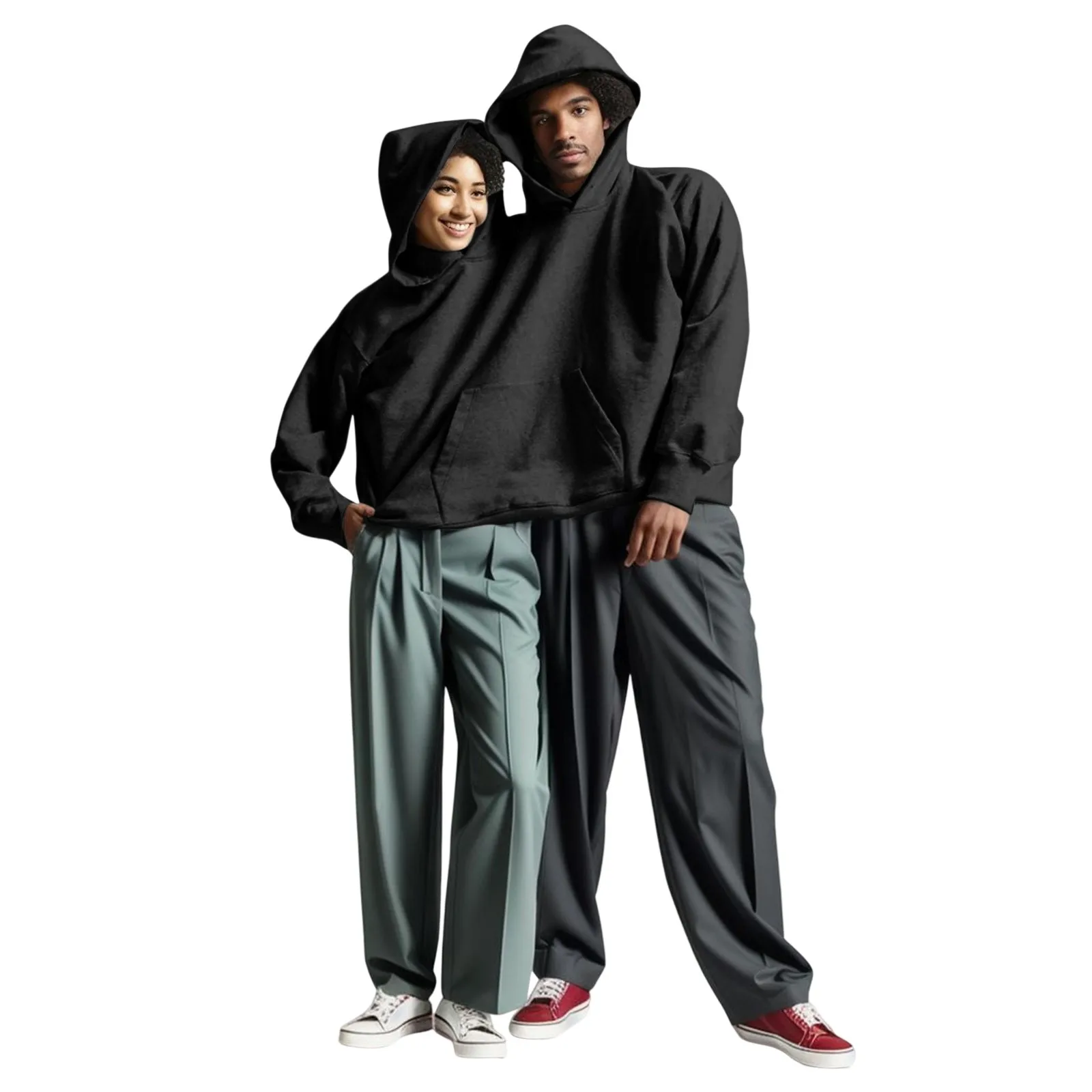 Black Couple Hoodies Women Oversize Two Hats Pockets Sweatshirts Lovers Sweatshirts Hooded Tops Trendy Solid Tracksuit Pullovers