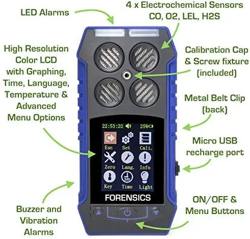 Gas Monitor by Forensics Color Display & Graphing Data Logging USA NIST Calibration USB Recharge Battery