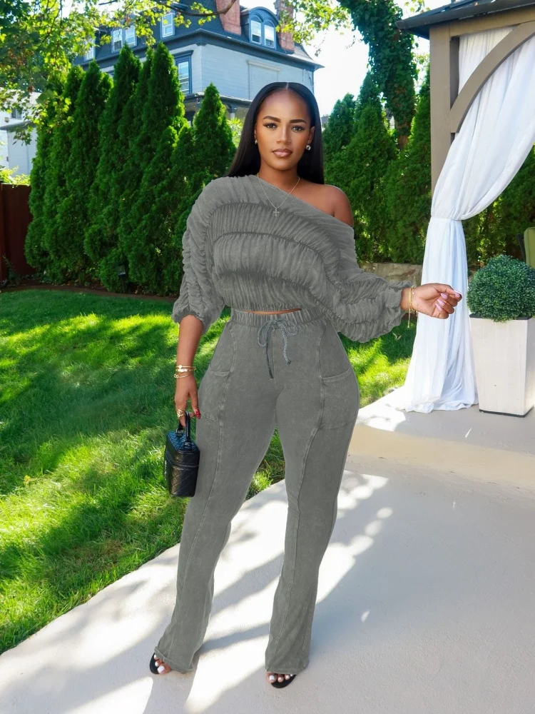 Wmstar Women Two Piece Sets Wholesale Pants Sets Crop Top and Slim Slightly Flared Trousers Matching Suit Drop Shopping 2025