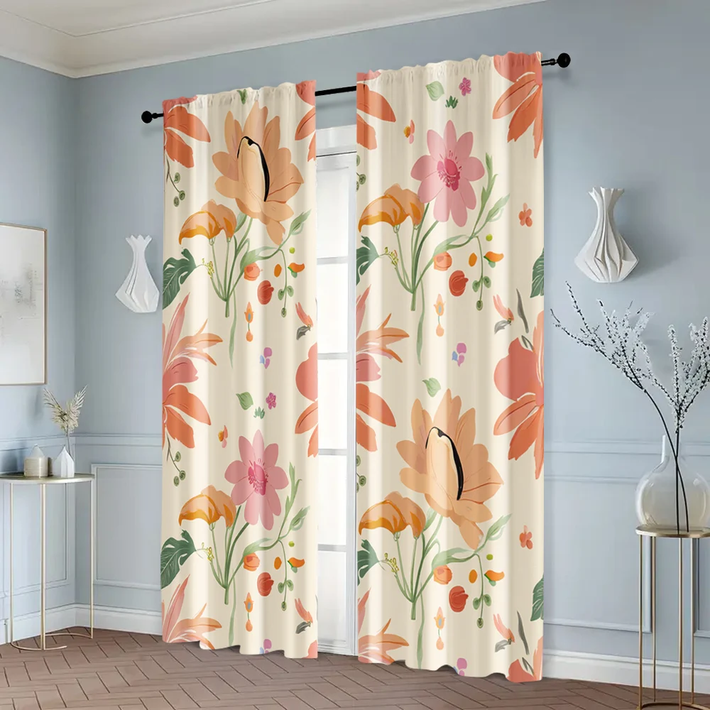 2pcs, Curtain Fabric Boho Leaf & Floral Machine Washable Fabric (without rod) Festive Perfect for Living Room, Home Decoration, 6