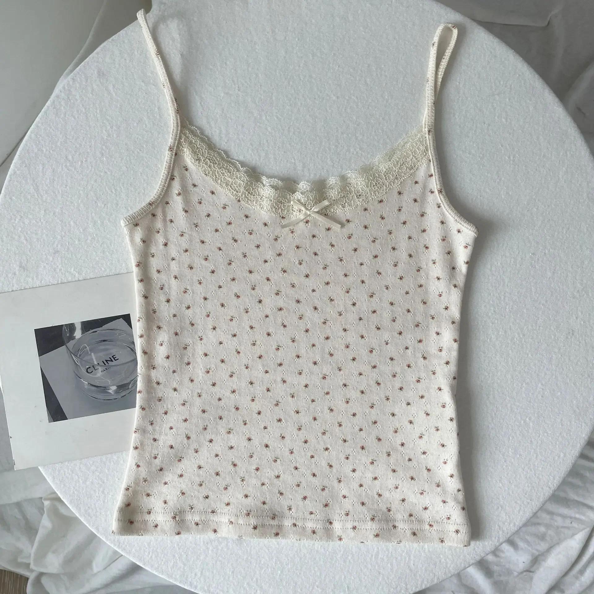 Floral Eyelet Lace-Trim Bow Tank Top - Women's Slim Cotton Camisole