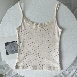 Floral Eyelet Lace - Trim Bow Tank Top - Women's Slim Cotton Camisole - One Size (Pink floral)