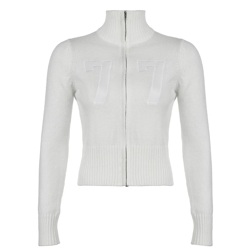 Women Letter Print Slim Zipper Sweater Turtleneck White Basic Long Sleeve Knitted Cardigan Coat Autumn Winter Outfits