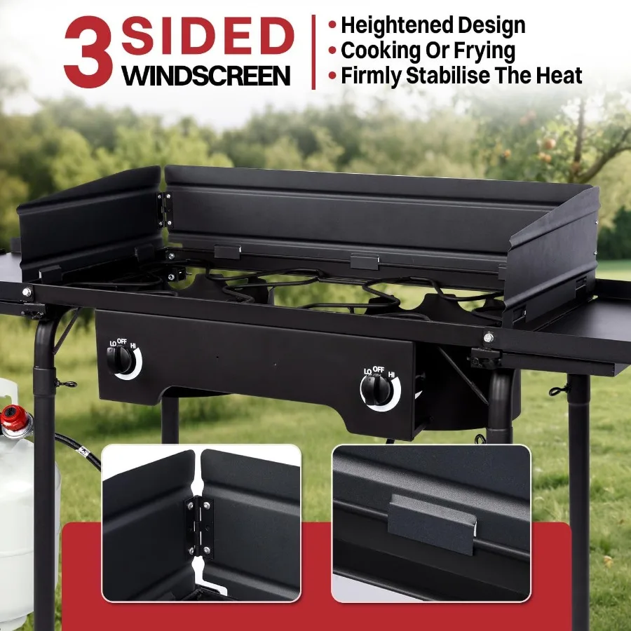 2 Burner Propane Camp Stove with 150000 BTU High-Performance Gas Burners Side Shelves for Extra Storage Built-in Windscreen for