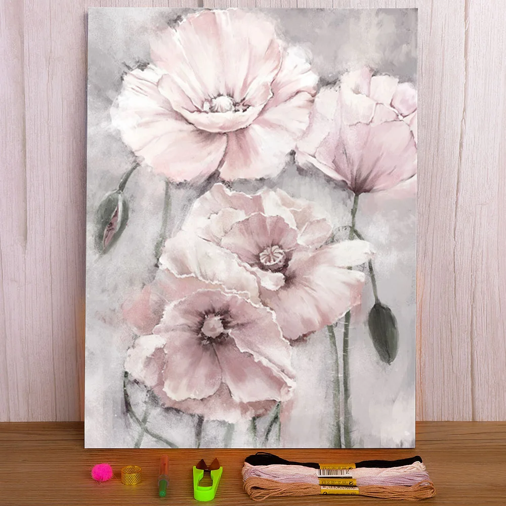 Flower Pink Grey Floral Nordic Pre-Printed 11CT Cross Stitch DIY Embroidery Full Kit DMC Threads Needlework Stamped cross stitch kit