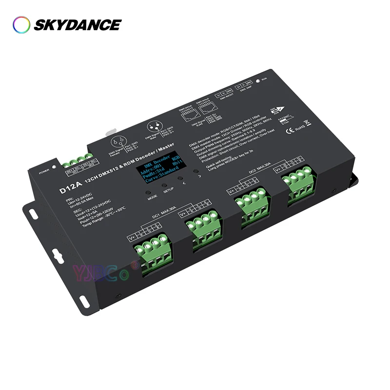 Skydance 12 Canali Cv Dmx512 Decoder Display Oled 12V-24V 8 Bit/16Bit 12Ch 4-Pwm Rdm Dmx Master Rgb Led Strip Tape Controller