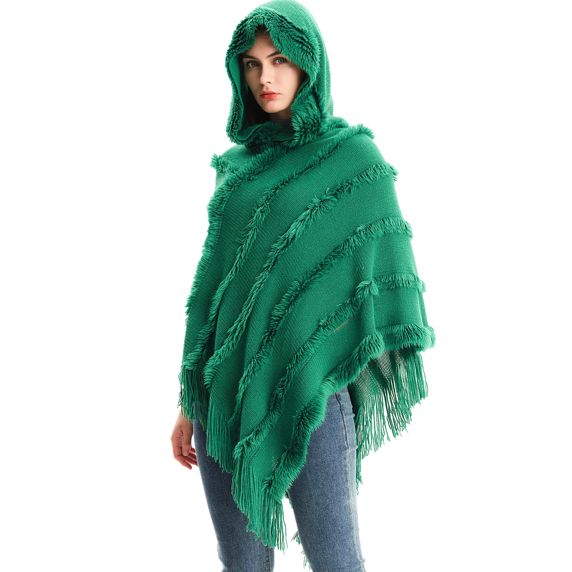 

2023 New Cape Green Winter Shawl Women Solid Colour Warm Hooded Jumper Knitted Pullover Capes Shawl