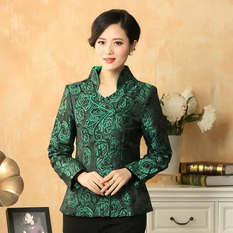 Women Elegant Slim Fit Coat Red Green Purple Rose Jacquard Outfit Refinement Qipao Style Outfit Tea Break Look Wear 2024 Spring