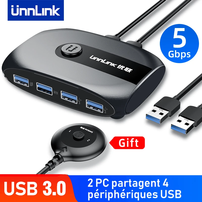 Unnexhaus- Commutateur KVM USB 3.0, commutateur pour Windows 10 PC, clavier, souris, imprimante, partage de 2 pièces, 4 revie