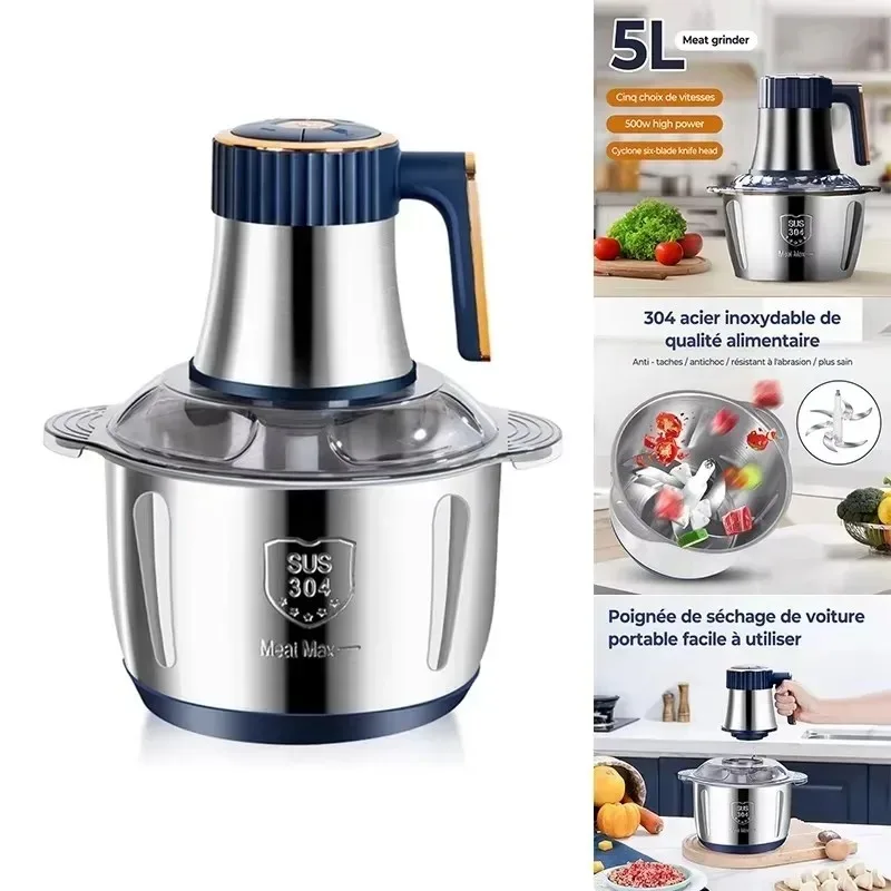 5L High-Capacity Stainless Steel Automatic Meat Grinder Home Blender Multi-Function Food Processor Multi-Speed Adjustment