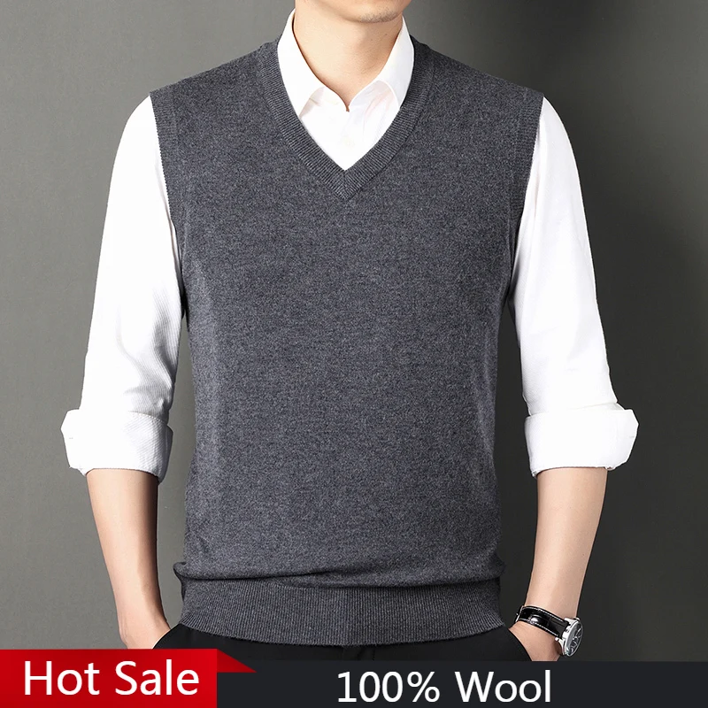 Men Sweater Vests 100％ Wool Knitted Sweater Vests Pullovers Autumn/Winter