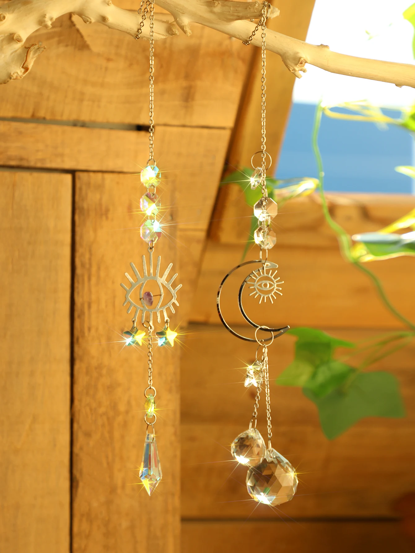 2pcs Evil Eye Moon Crystal Sun Catcher Hanging Ornaments Garden Suncatchers Window Wind Chimes Light Catcher Outdoor Decors Gift