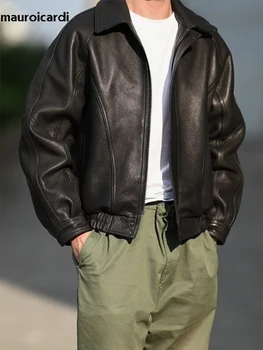 Mauroicardi primavera autunno Cool Handsome Black Hard Pu giacca in pelle da uomo Zipper Designer di lusso American Vintage Clothes 2024 1