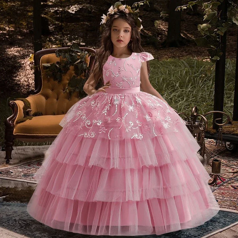 

Luxury Girls Dress Embroidered Mesh Cake Fluffy Long Dress Flower Children Wedding Dress Bean Paste Powder 14 year old