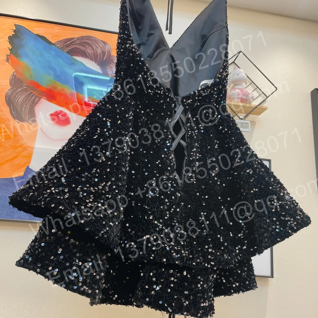 Vestidos de fiesta cortos negros, falda escalonada sin espalda, lentejuelas  estirables, vestidos de fiesta de cumpleaños para noche personalizados, image size:1024x1024